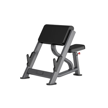 Insight Fitness Preacher Curl bench with an adjustable seat and angled backrest, constructed from black PVC and aluminum, designed for gym use.